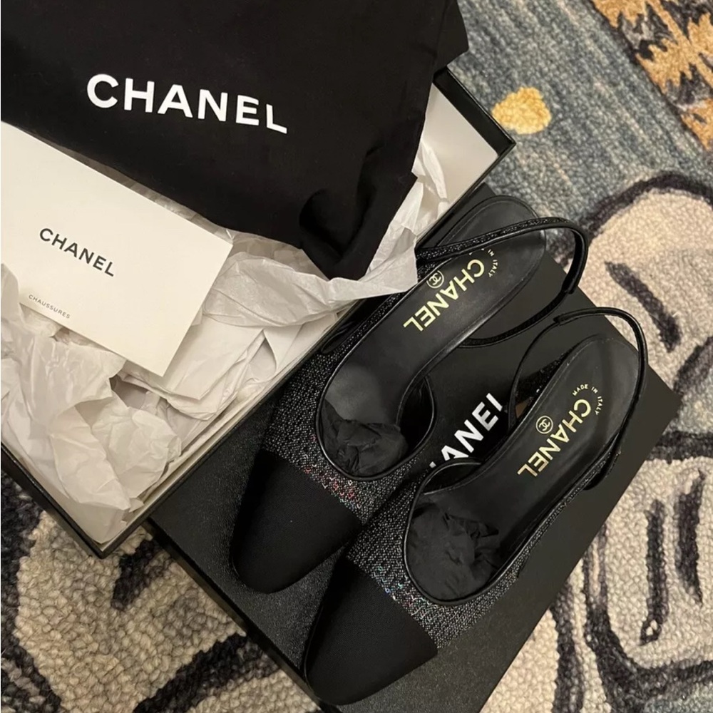 Chanel Black Sequins Women's Slingback Shoes 38 CC $1,225